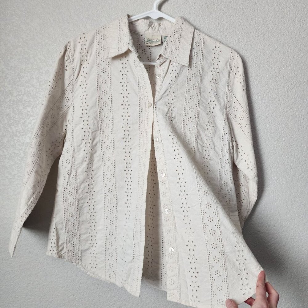 ST JOHNS BAY VINTAGE 90s crochet button front blouse cottagecore M - Picture 6 of 6